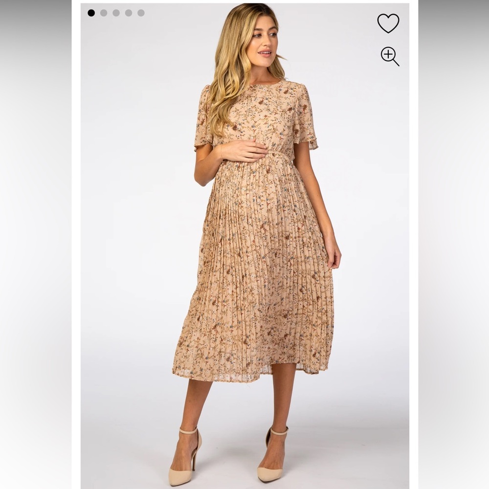Pinkblush Beige Floral Pleated Short Sleeve Chiffon Maternity Midi Dress